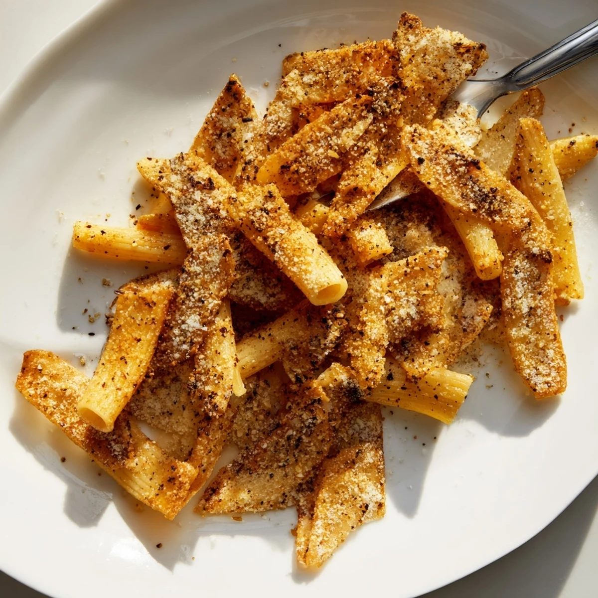 baked pasta chips coated in aromatic spices, perfect for dipping and sharing