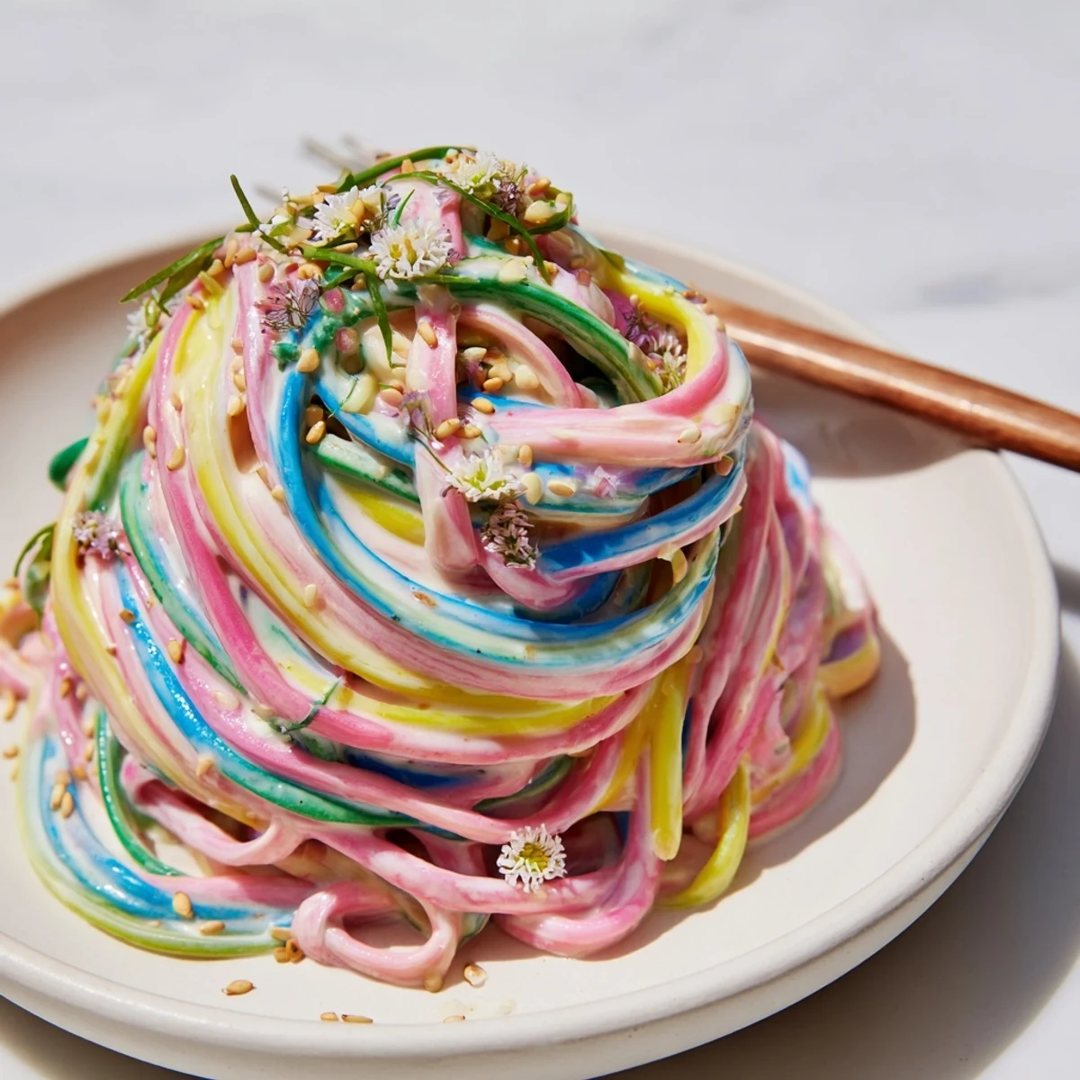 Whimsical Neon Noodle Cloud topped with scallions and sesame seeds for extra flavor.  