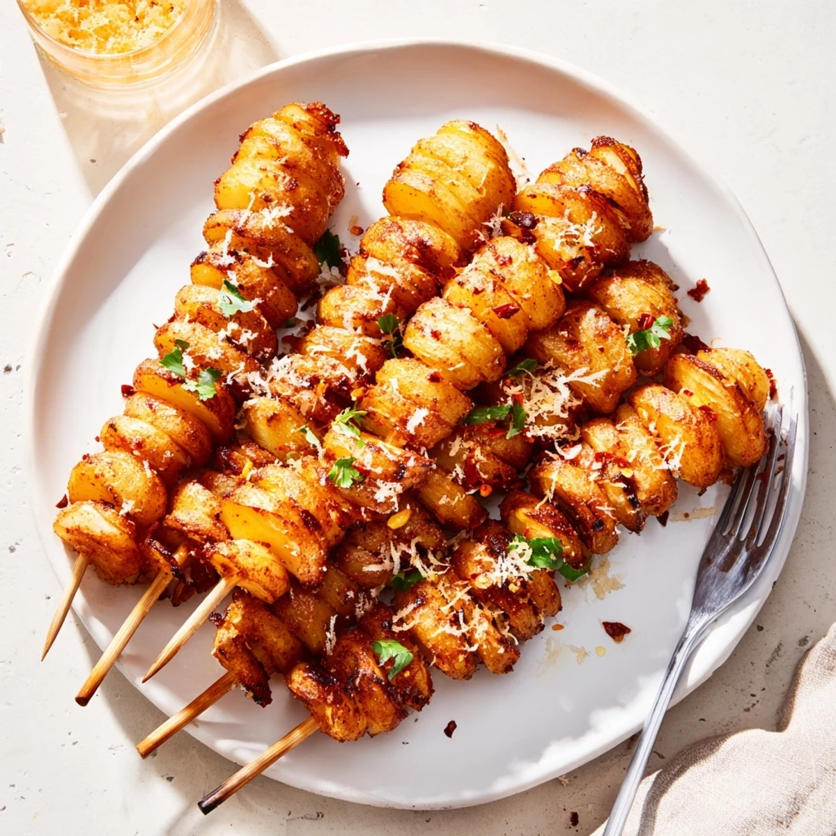Golden brown Air-Fryer Tornado Potatoes, a fun and healthy snack option.