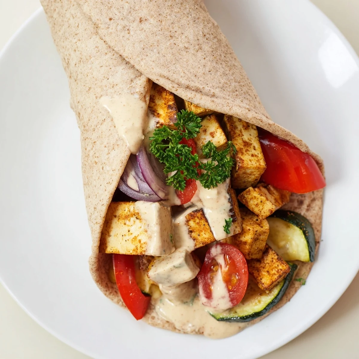 Colorful whole wheat wraps stuffed with savory vegan tofu and aromatic vegetables.  