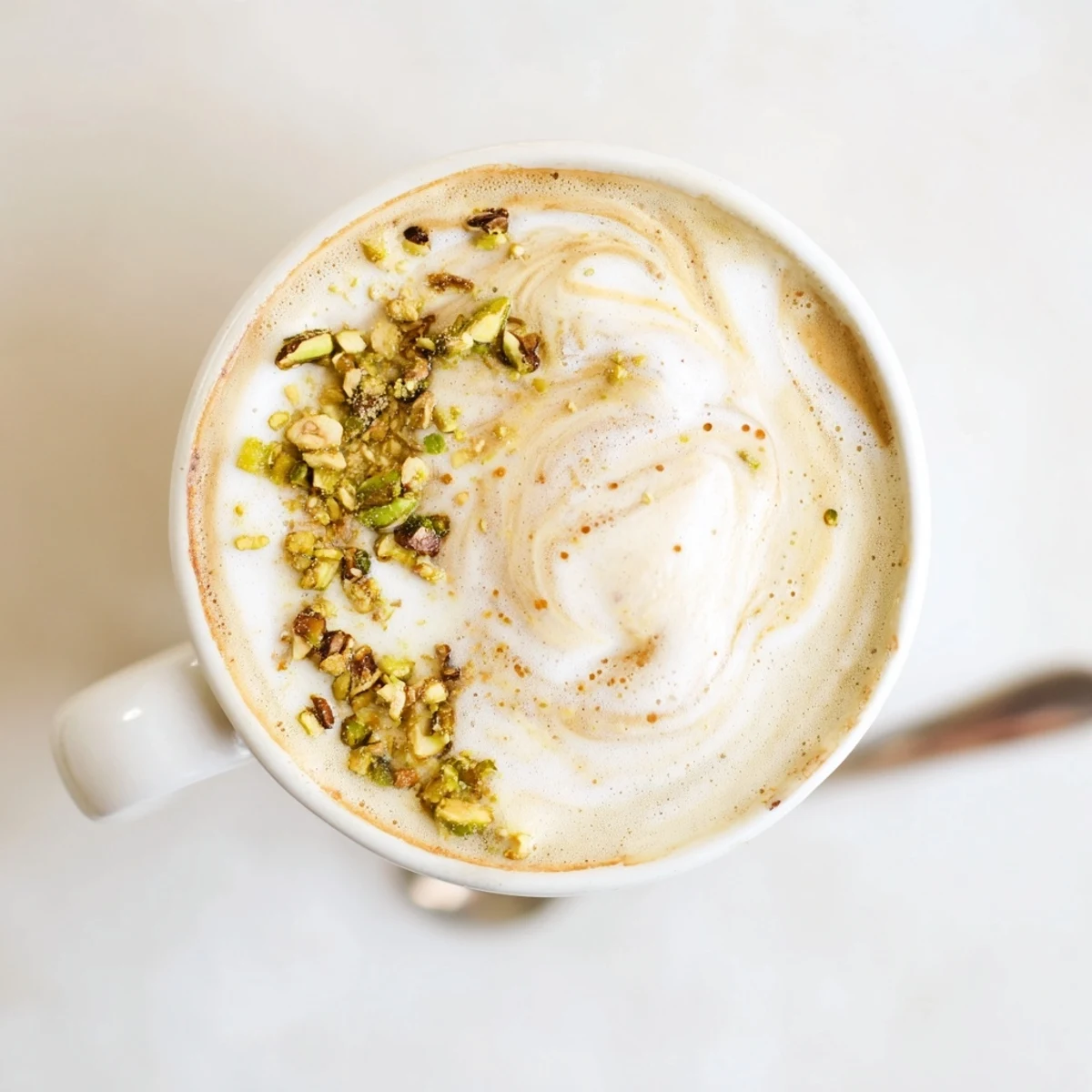 A creamy pistachio milk latte topped with crushed nuts, perfect for coffee lovers.  