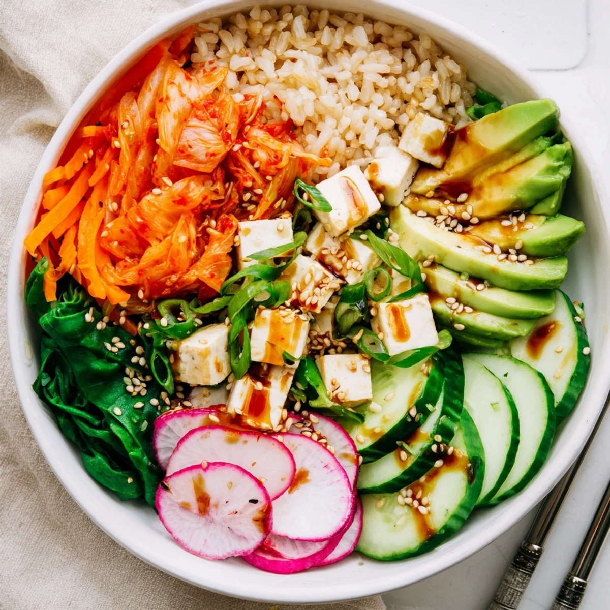 Delicious Fermented Vegetable Bowl featuring tangy kimchi and vibrant seasonal veggies.  
