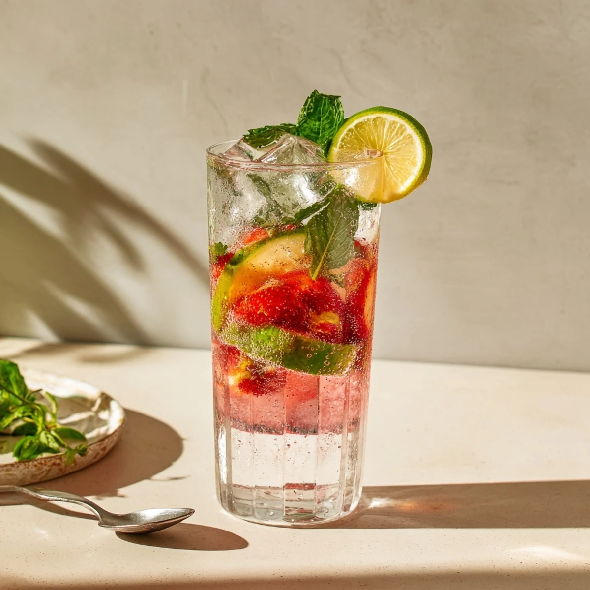 Refreshing water-based mocktails with fresh fruit and mint served in tall glasses.  
