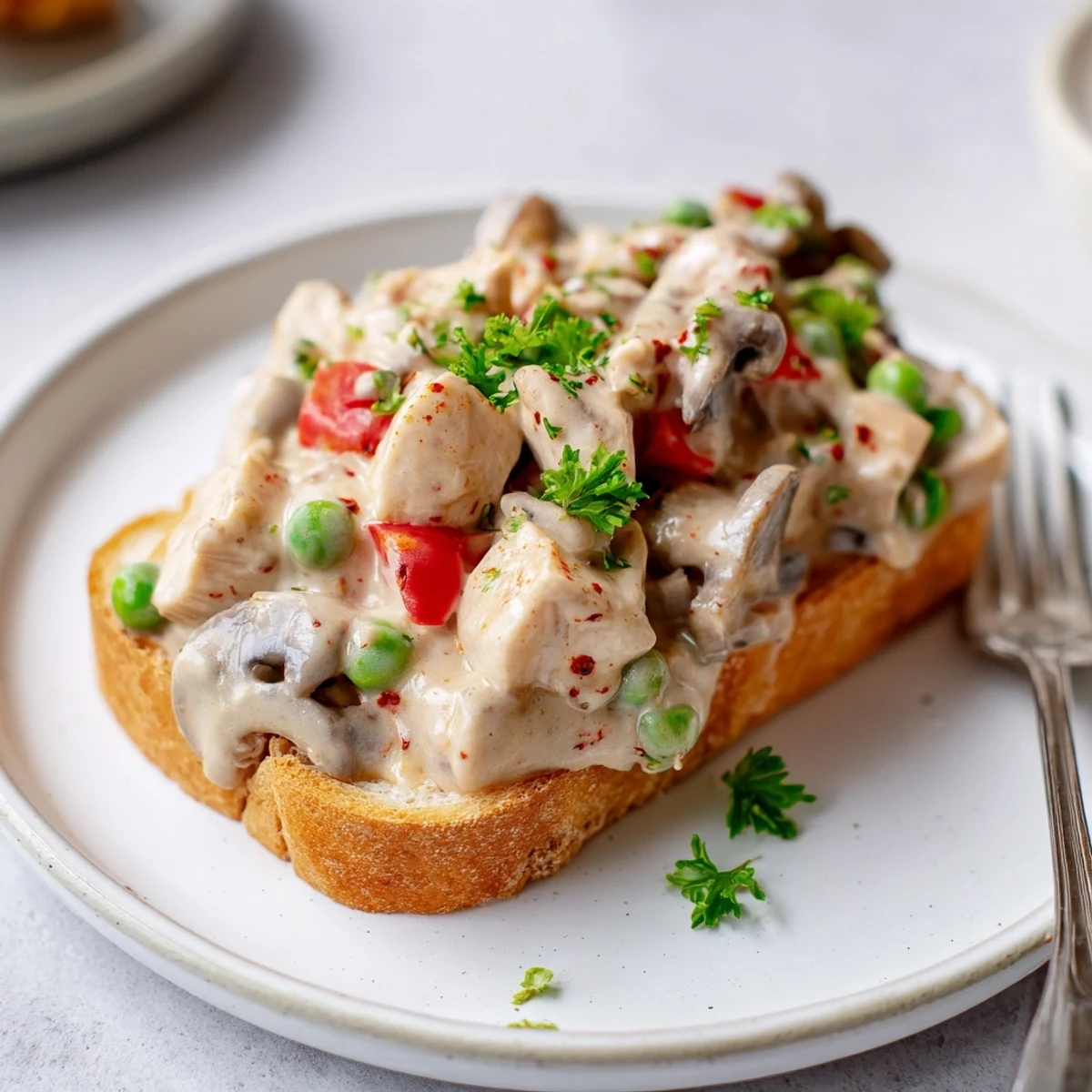 Delicious Chicken à la King served warm atop buttery, crispy toast slices.  