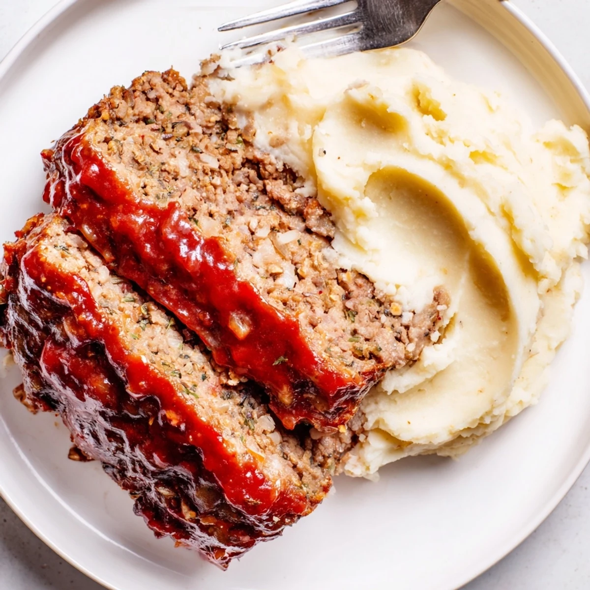Savory Classic Meatloaf topped with tangy glaze and fluffy mashed potatoes on the side.