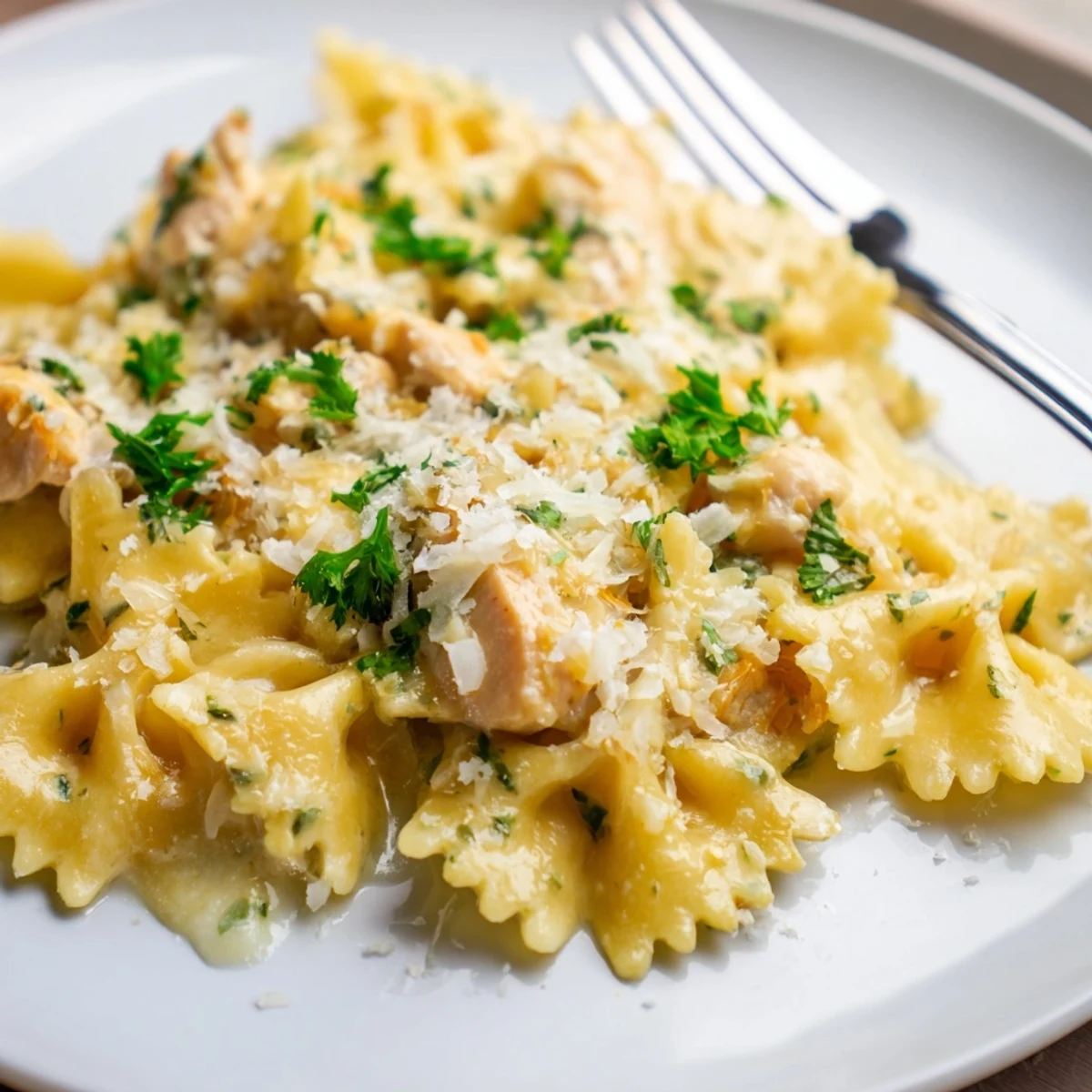 Delicious Mozzarella Garlic Butter Chicken Bowties showcasing melted cheese over pasta.  