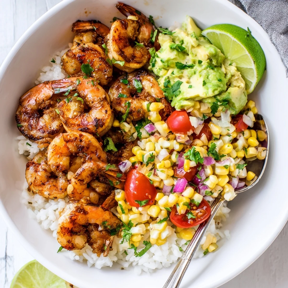 Juicy grilled shrimp bowl topped with creamy avocado corn salsa and lime.  