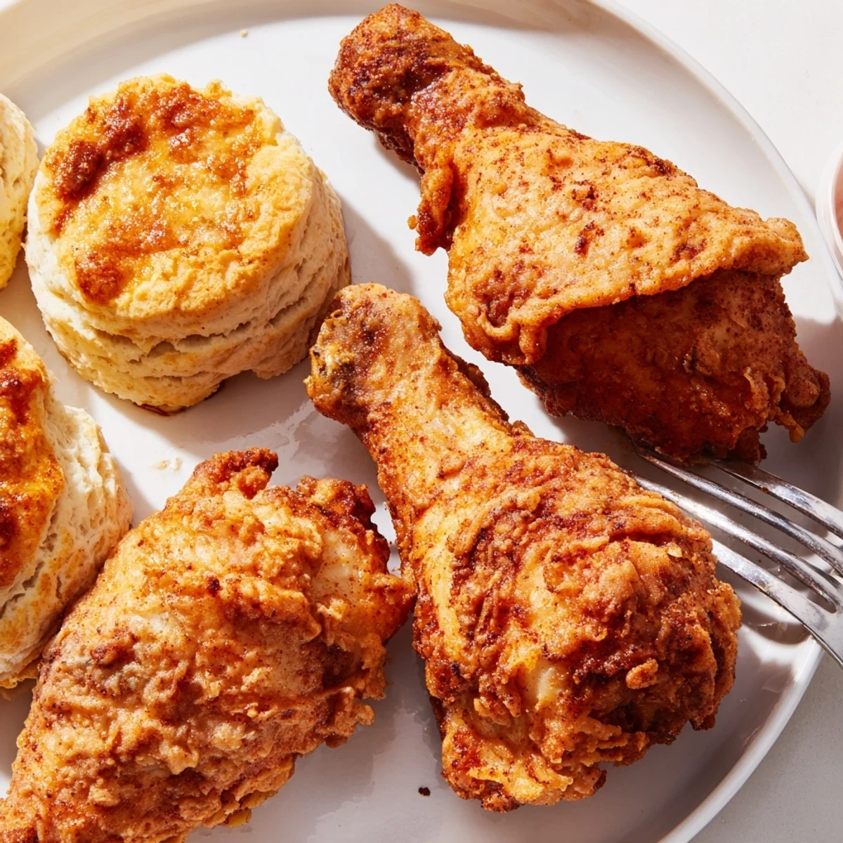 Delicious Southern fried chicken served with warm, flaky buttermilk biscuits on a platter.