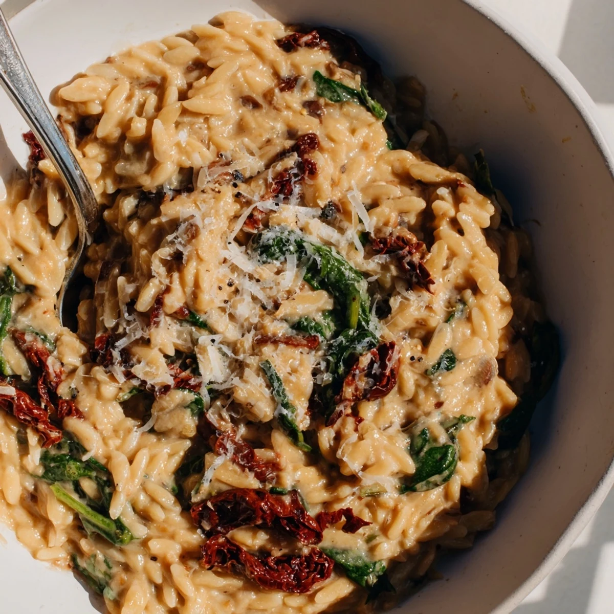 Indulge in this delicious creamy Tuscan orzo bowl garnished with sun-dried tomatoes.  