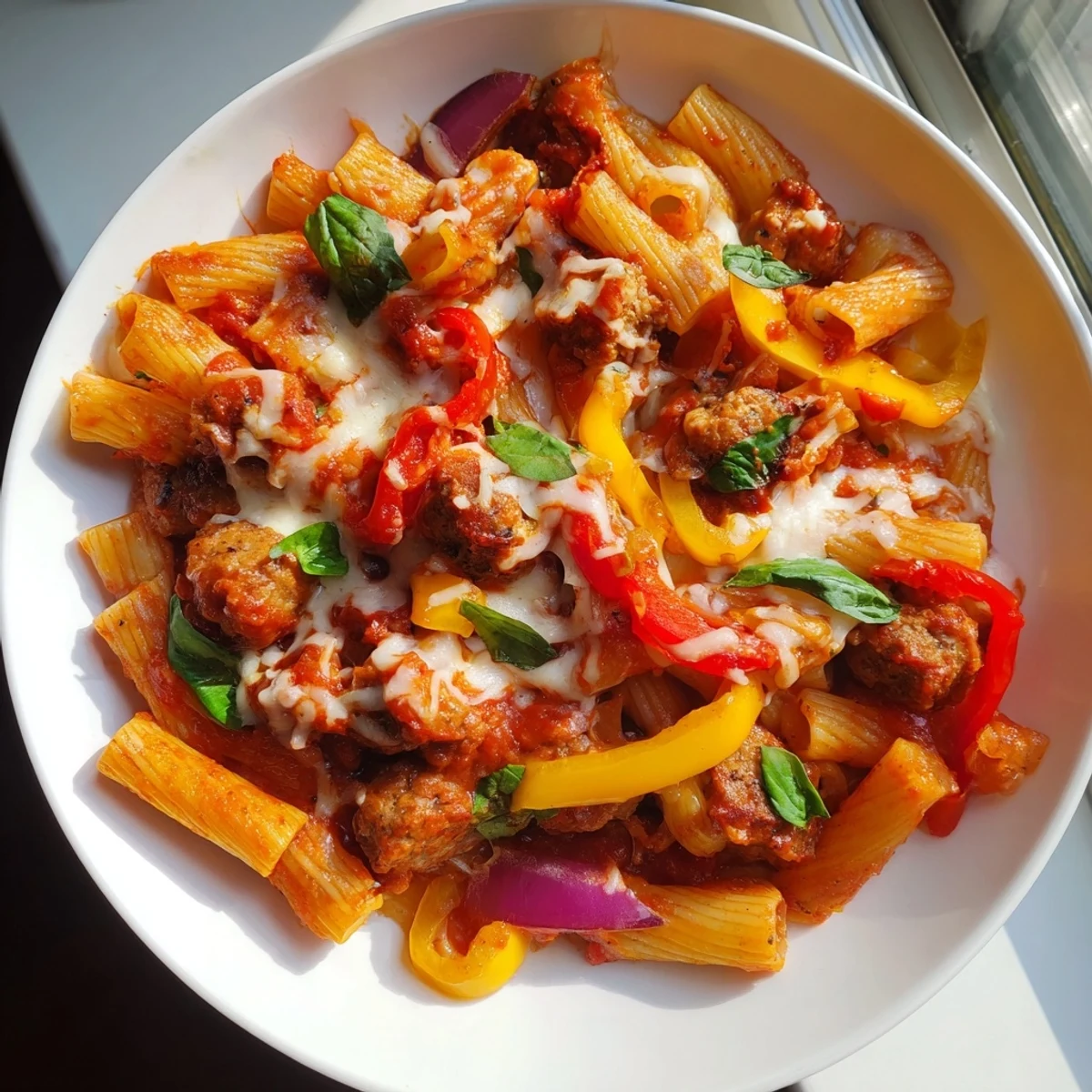 Hearty Baked Rigatoni with Sausage & Peppers featuring flavorful sausage, peppers and creamy melted cheese.