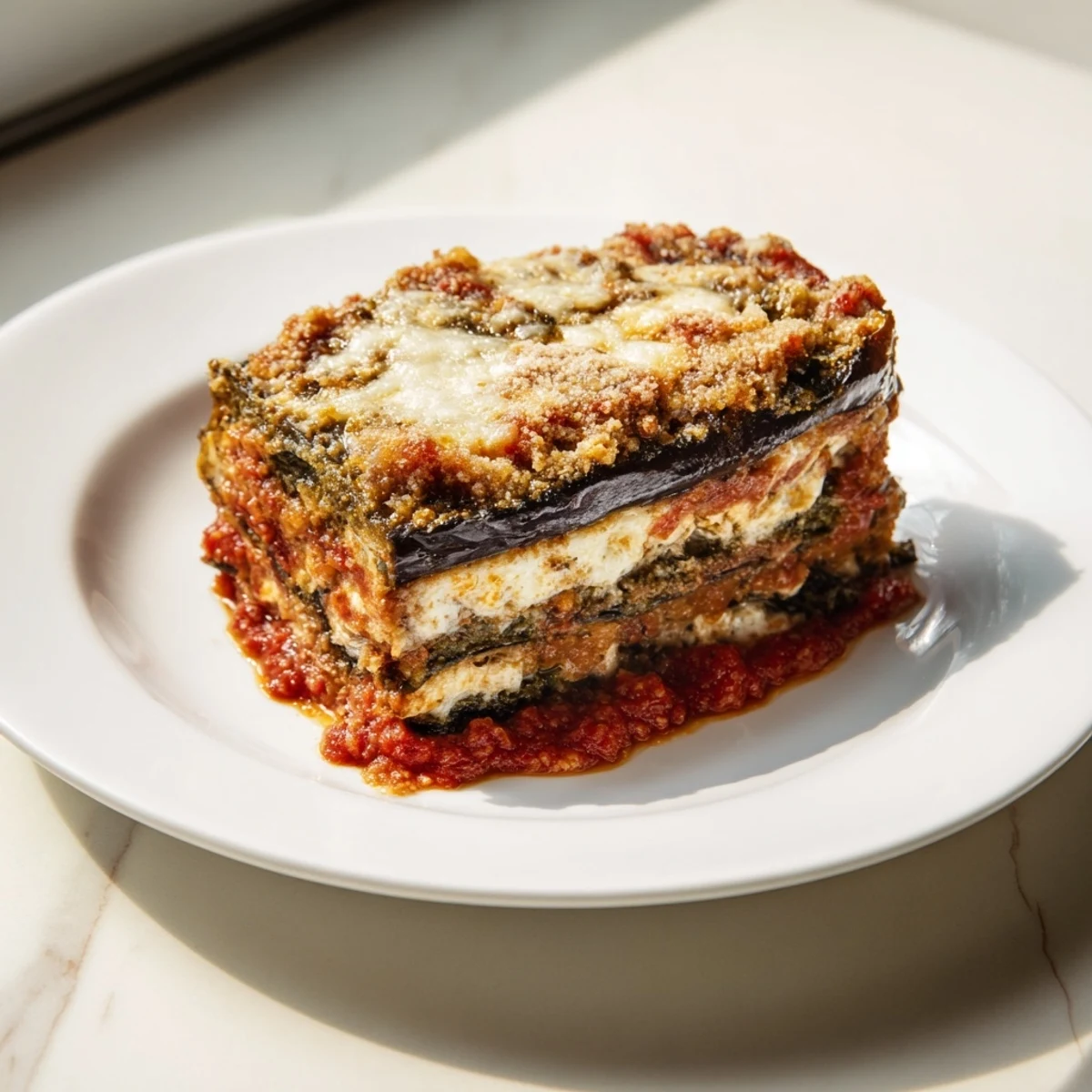 Golden, bubbly Eggplant Parmesan Lasagna with melted mozzarella and a crispy Parmesan crust, ready to serve.
