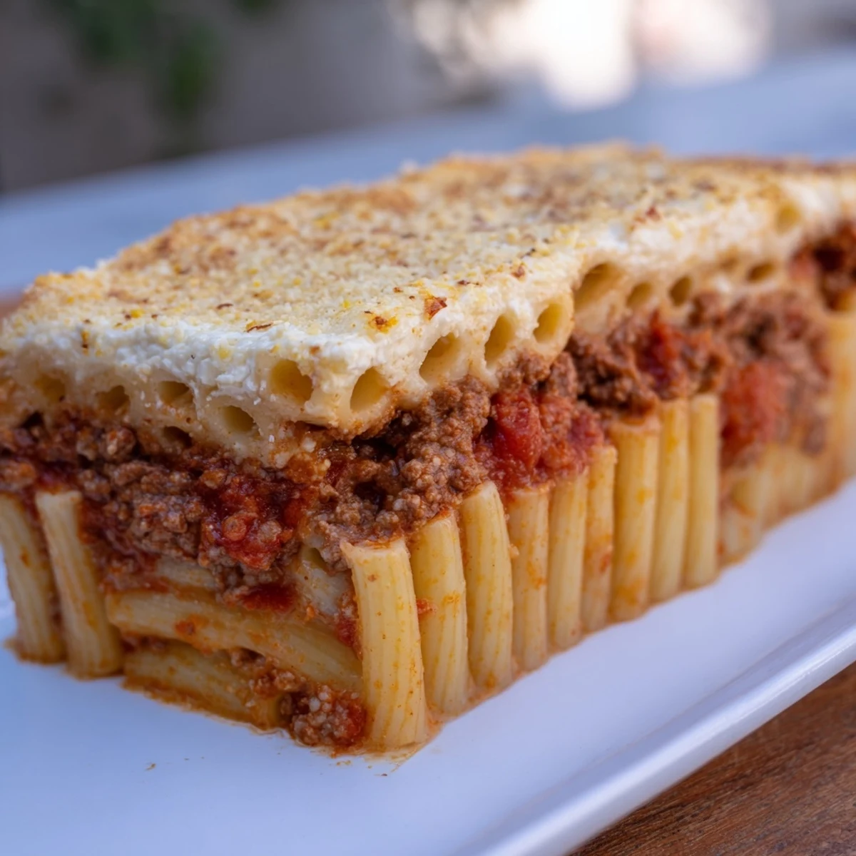 A close-up shot of hot, bubbly Greek pastitsio, revealing a rich, comforting casserole dish.