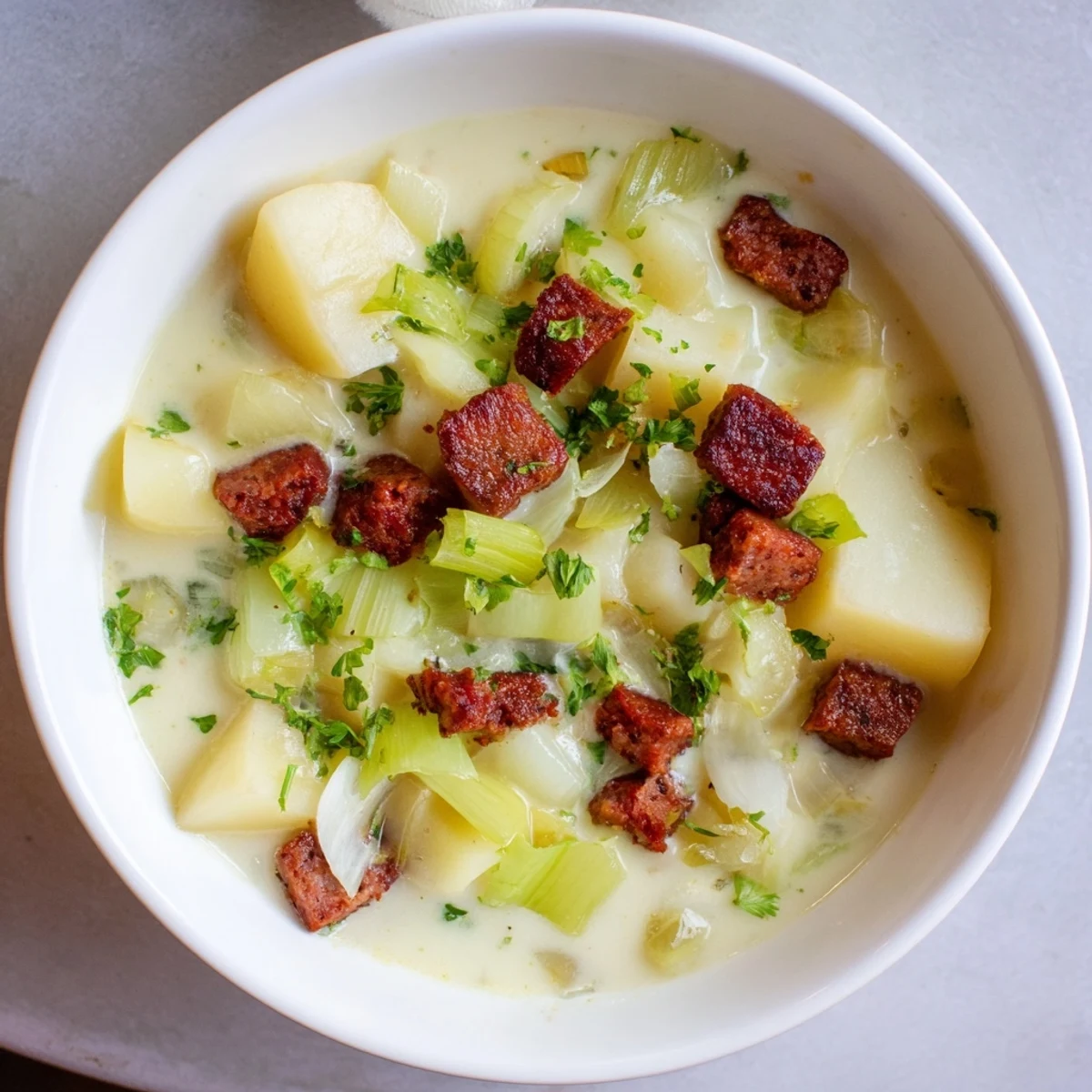 A steaming bowl of comforting Potato, Leek & Chorizo Soup, garnished with fresh parsley.