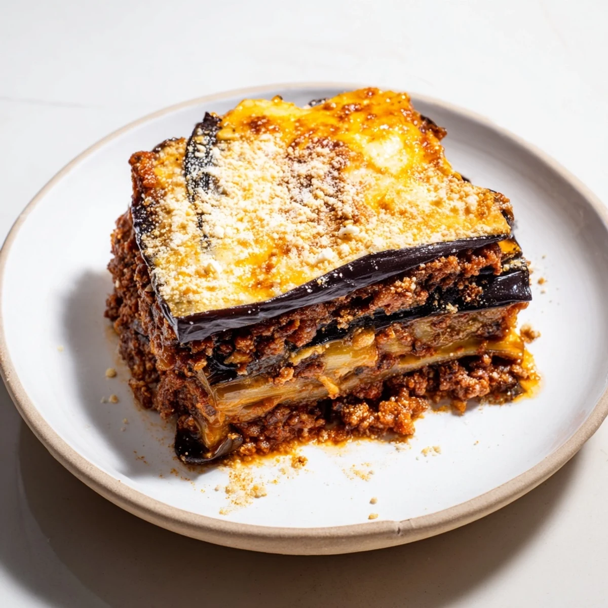 Close-up of freshly baked Moussaka, a comforting dish with rich, savory beef and tender eggplant slices.