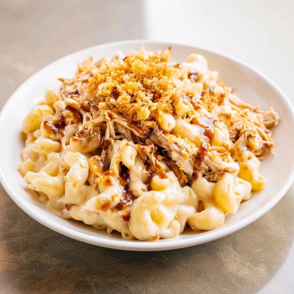 A hearty baked Classic Mac & Cheese with BBQ Chicken, combining creamy pasta with tender, seasoned chicken.