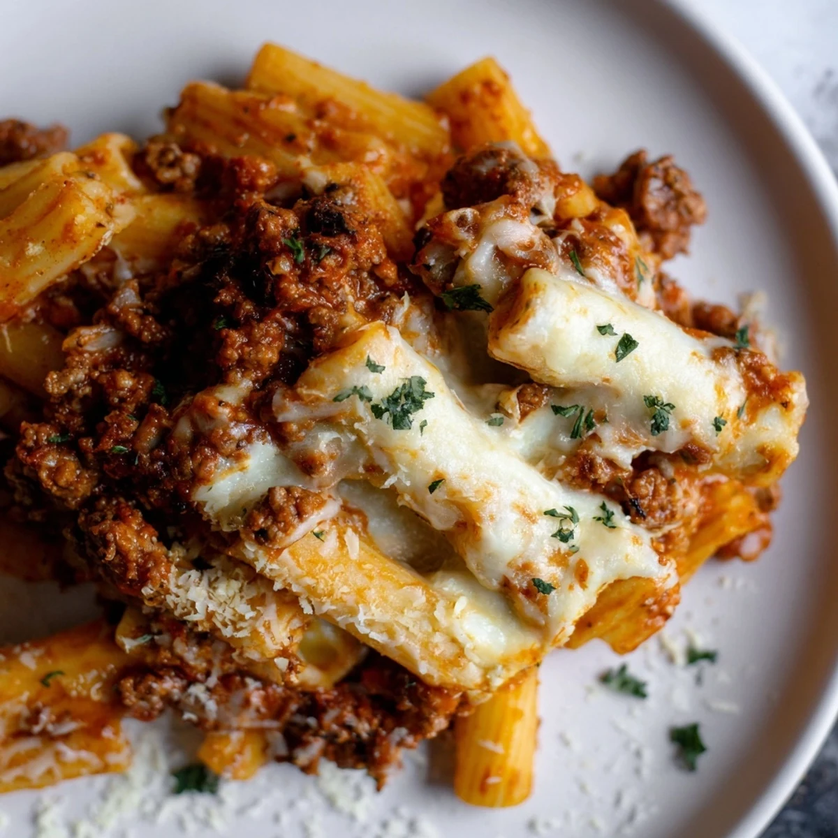 Baked Ziti with meat sauce, bubbling mozzarella and perfectly browned cheese, ready to serve.