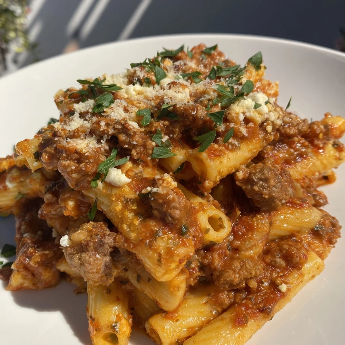 Golden-brown, bubbly Baked Ziti with meat sauce, a classic Italian-American comfort food dinner.