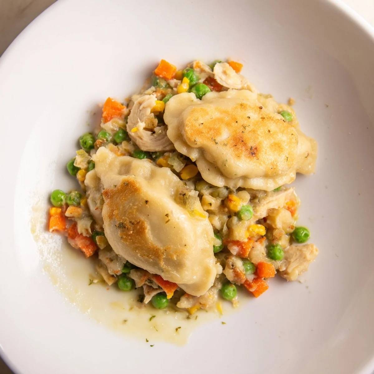 Chicken and Dumplings Casserole baked golden brown, with fluffy dumpling topping and creamy filling.