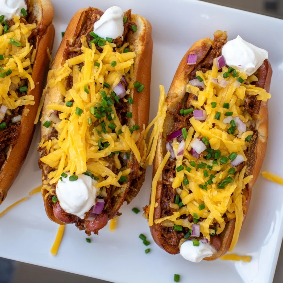 Golden, bubbly Chili Dog Casserole topped with melty cheese, perfect for a hearty dinner.