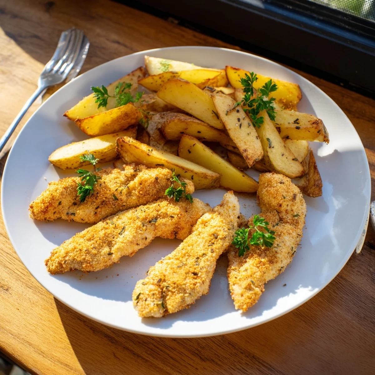 Golden, crispy herbed chicken tenders alongside flavorful potato wedges ready for a delicious dinner.