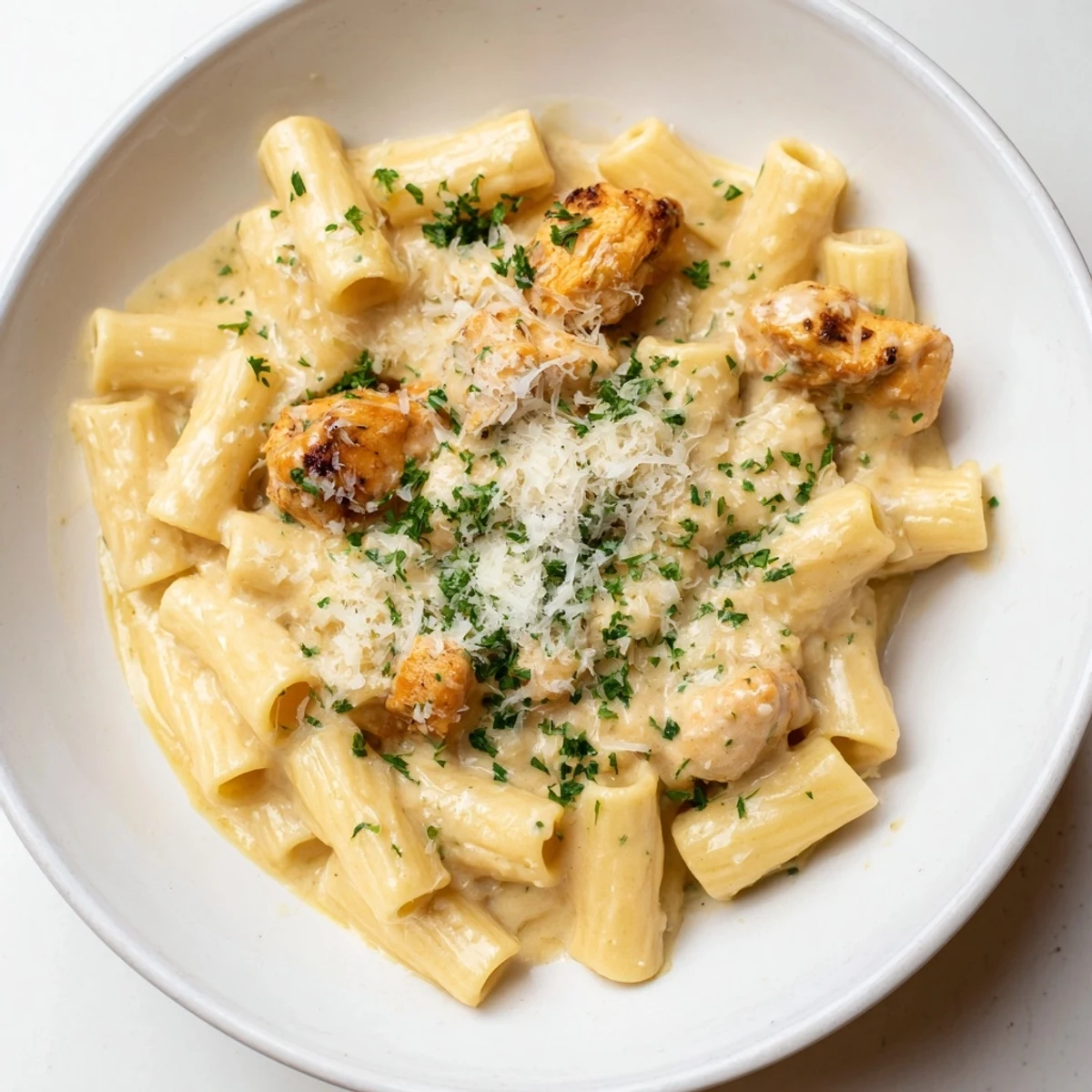 Creamy Garlic Parmesan Chicken Rigatoni, a rich pasta dish, with tender chicken and creamy sauce.