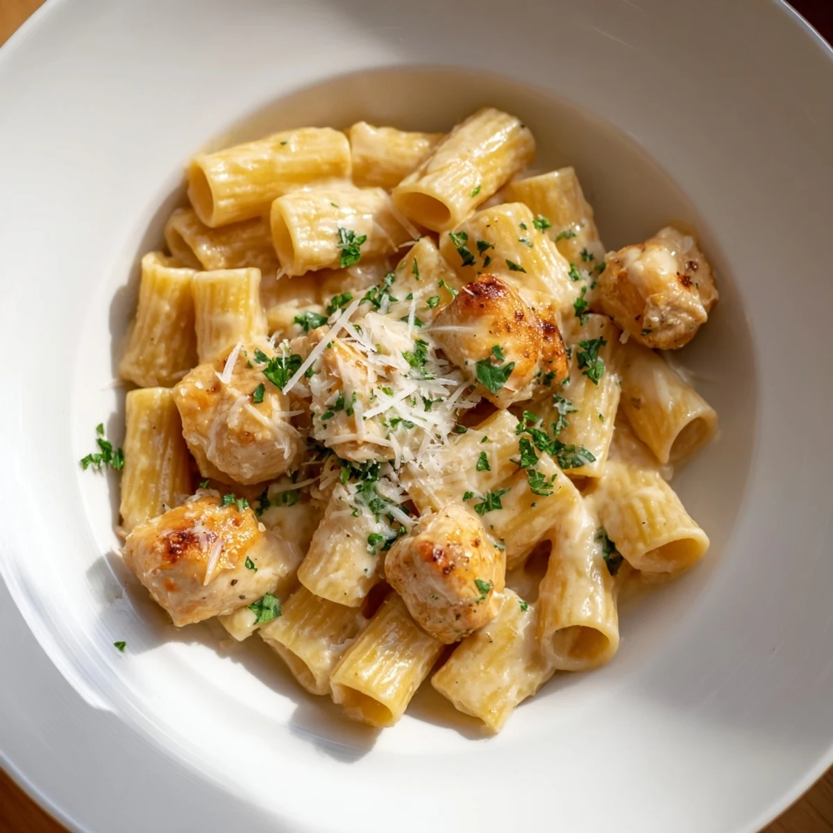 Golden-brown chicken pieces nestled in a luxurious Creamy Garlic Parmesan Chicken Rigatoni sauce, ready to eat.
