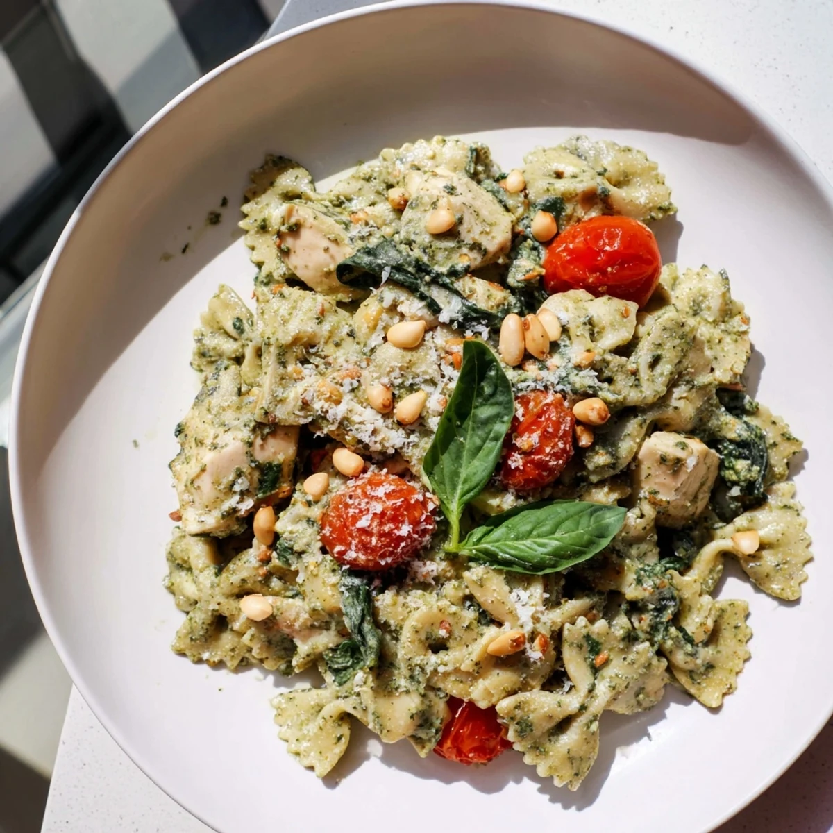 Plate of creamy pesto chicken bowtie pasta, garnished with fresh basil and pine nuts.