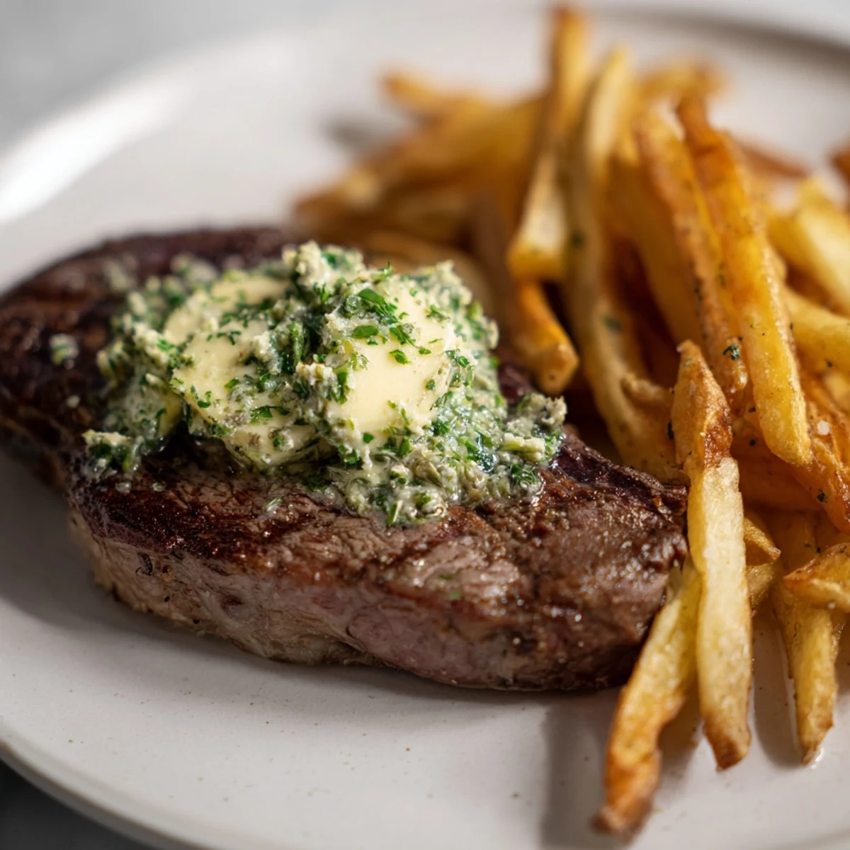 Golden-brown fries accompany a flavorful Steakhouse Garlic Butter Steak, ready for a satisfying, classic meal.