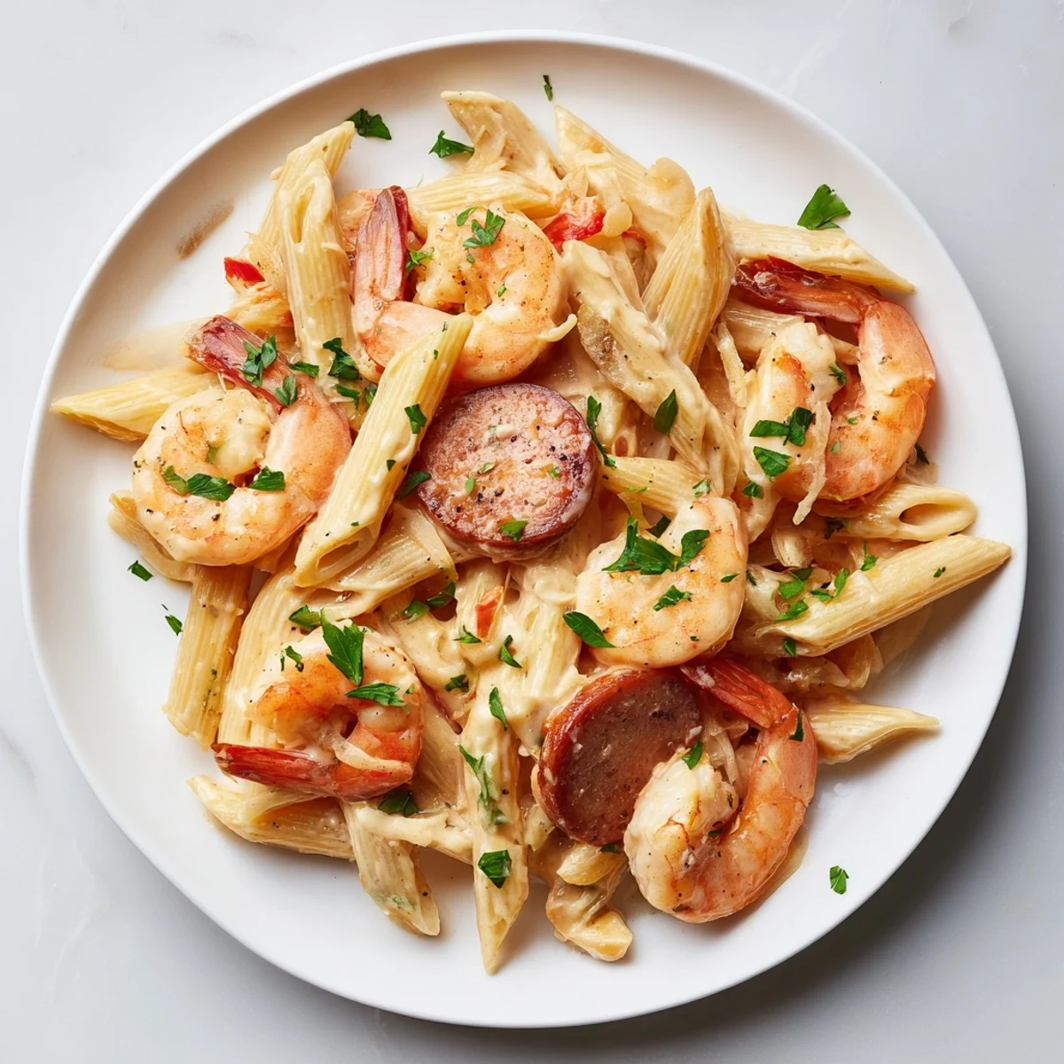 Cajun Sausage & Shrimp Alfredo Pasta Skillet sizzling with shrimp, sausage, and a rich, creamy sauce.