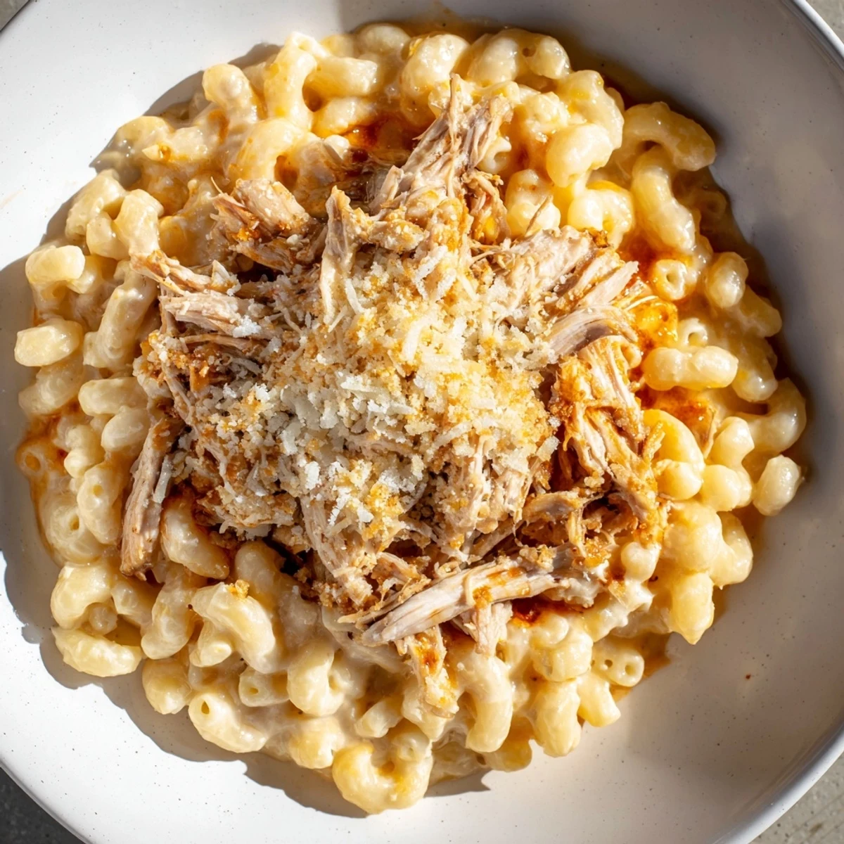 A bubbly, golden-brown Classic Mac & Cheese with BBQ Chicken, a family favorite meal.