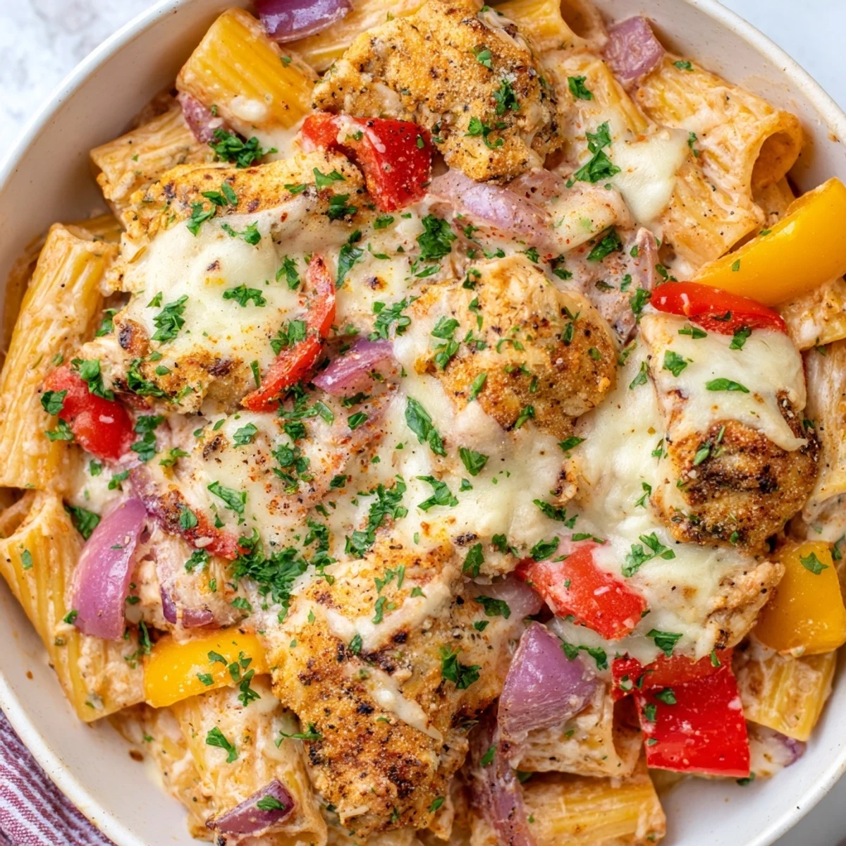 A bubbly, cheesy Cajun Chicken Pasta Bake, featuring tender chicken and vibrant bell peppers.