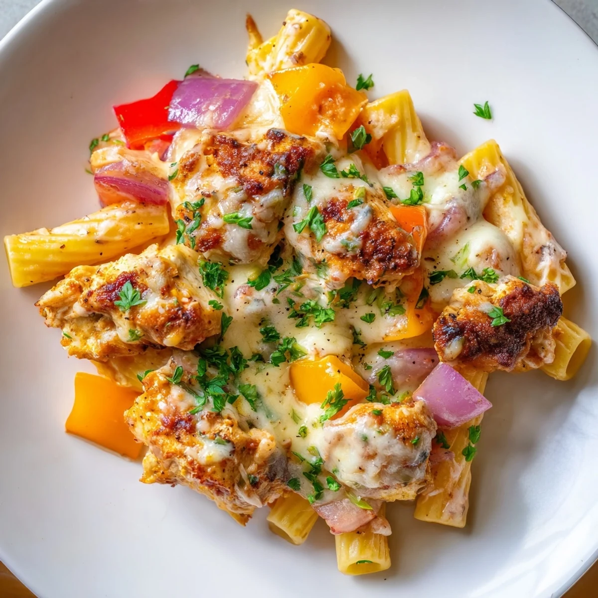 Golden, melted cheddar tops this creamy Cajun Chicken Pasta Bake, perfect for a hearty dinner.