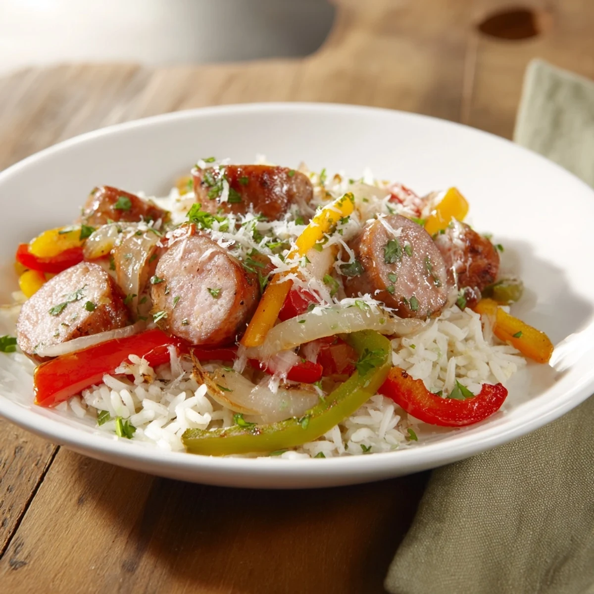 Steaming Italian sausage and peppers rice plate, a flavorful and aromatic Italian-American comfort food.