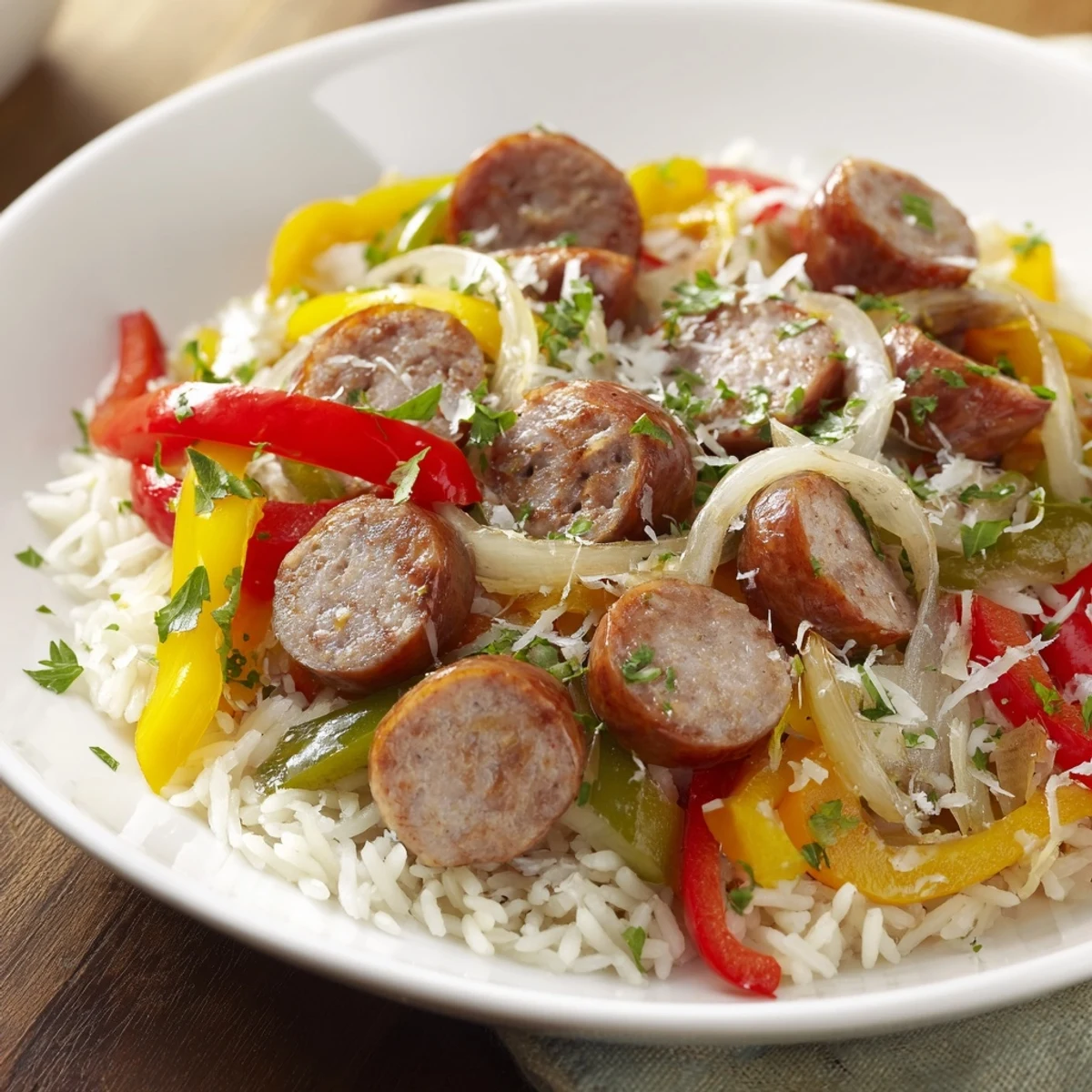 Golden Italian sausage slices nestled in a vibrant Italian sausage and peppers rice plate with herbs.
