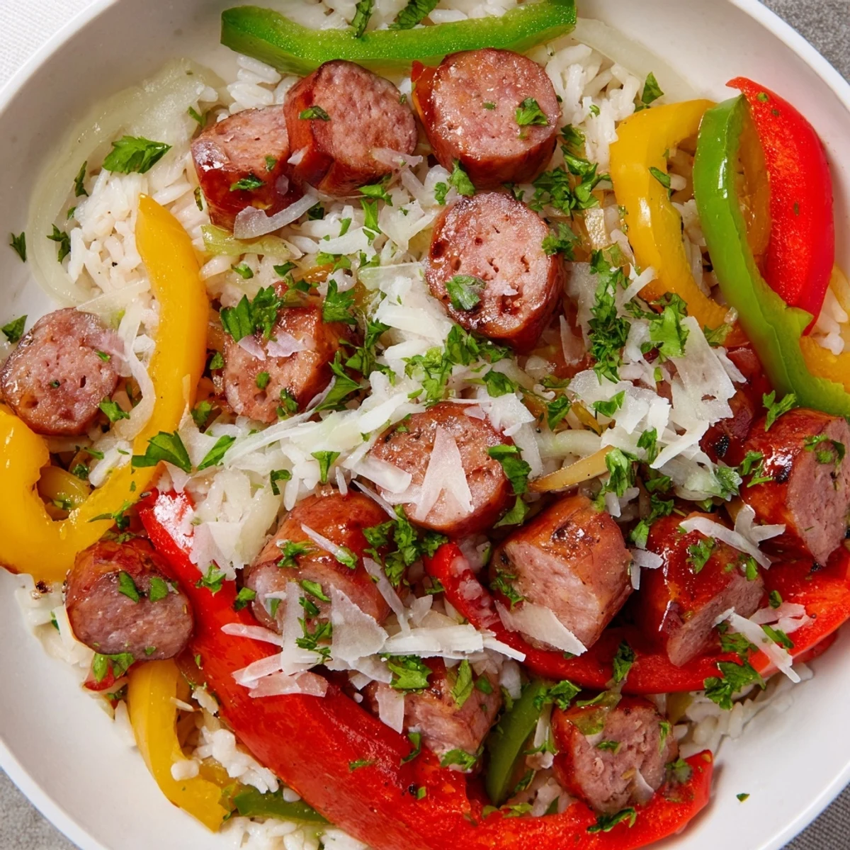 Enjoy a delicious bowl of Italian sausage and peppers rice plate, perfect for a satisfying family dinner.