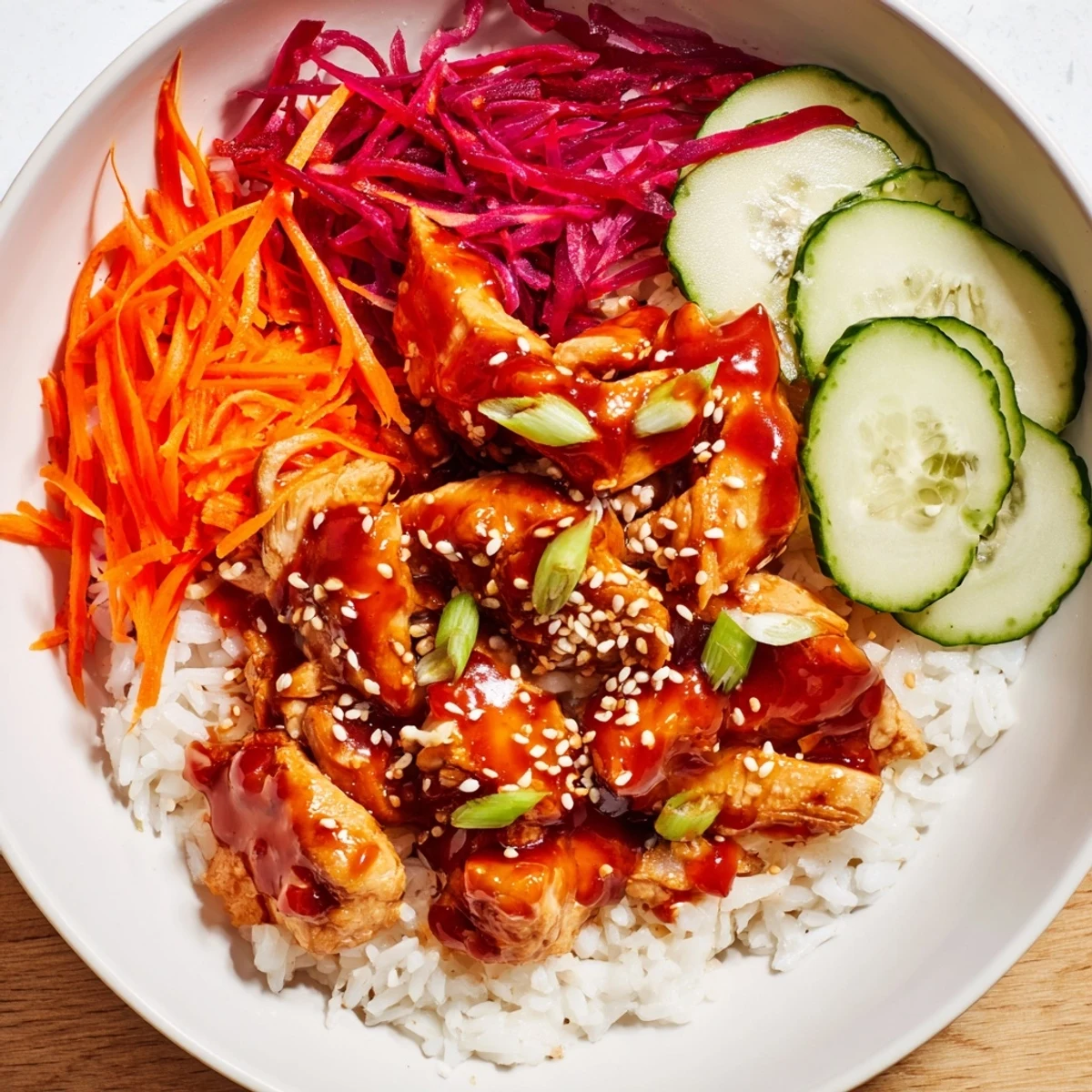 Sizzling Sriracha Honey Chicken Rice Bowl: tender chicken in a sweet, spicy glaze over fluffy rice.