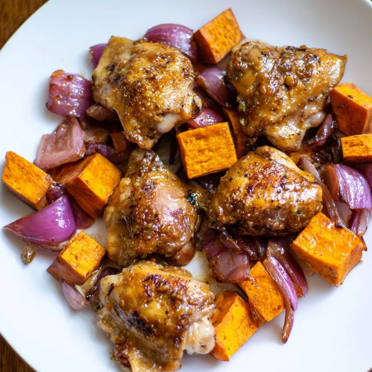 Golden, glistening Maple Glazed Chicken & Sweet Potato Bake with roasted vegetables, a comforting, savory-sweet dinner.