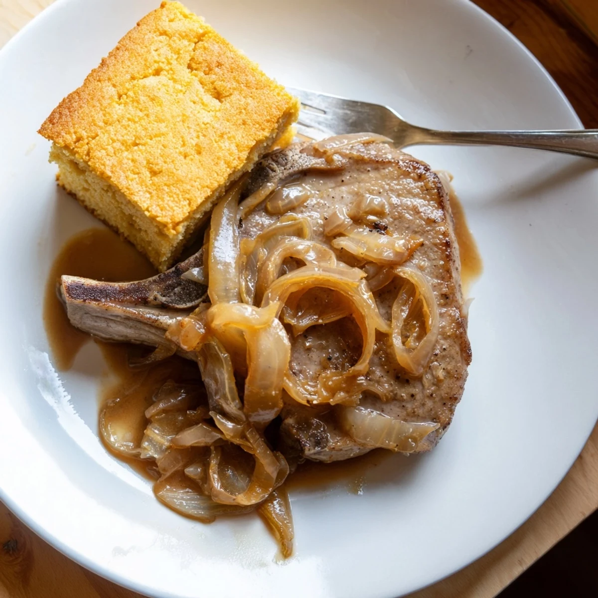 Tender, fork-tender smothered pork chops swimming in savory gravy, served alongside fluffy cornbread.