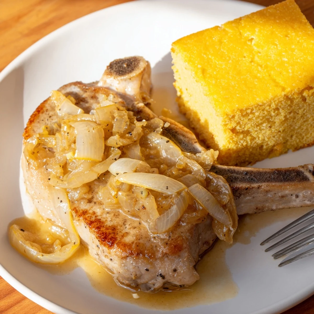 Close-up of a plate with hearty smothered pork chops, glistening gravy, and warm cornbread.