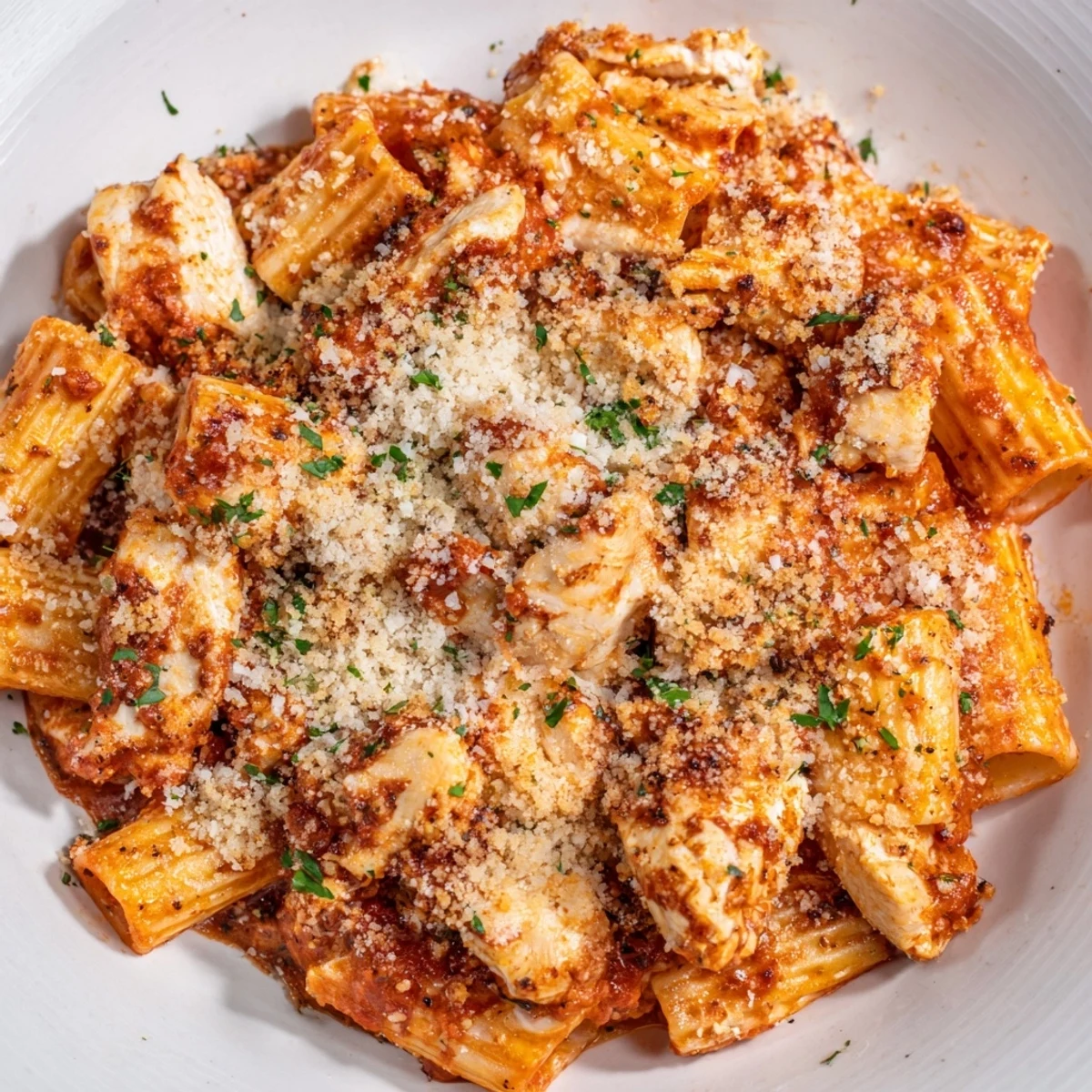Golden bubbly Baked Chicken Parmesan Pasta, a hearty Italian-American baked pasta dish.