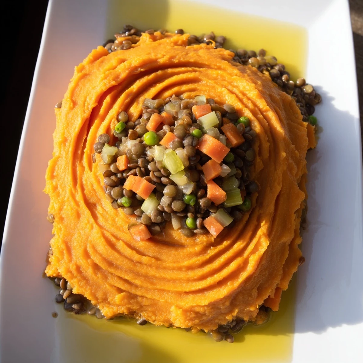 A close-up shot of the savory Veggie Shepherd's Pie with Lentils, topped with a golden sweet potato crust.
