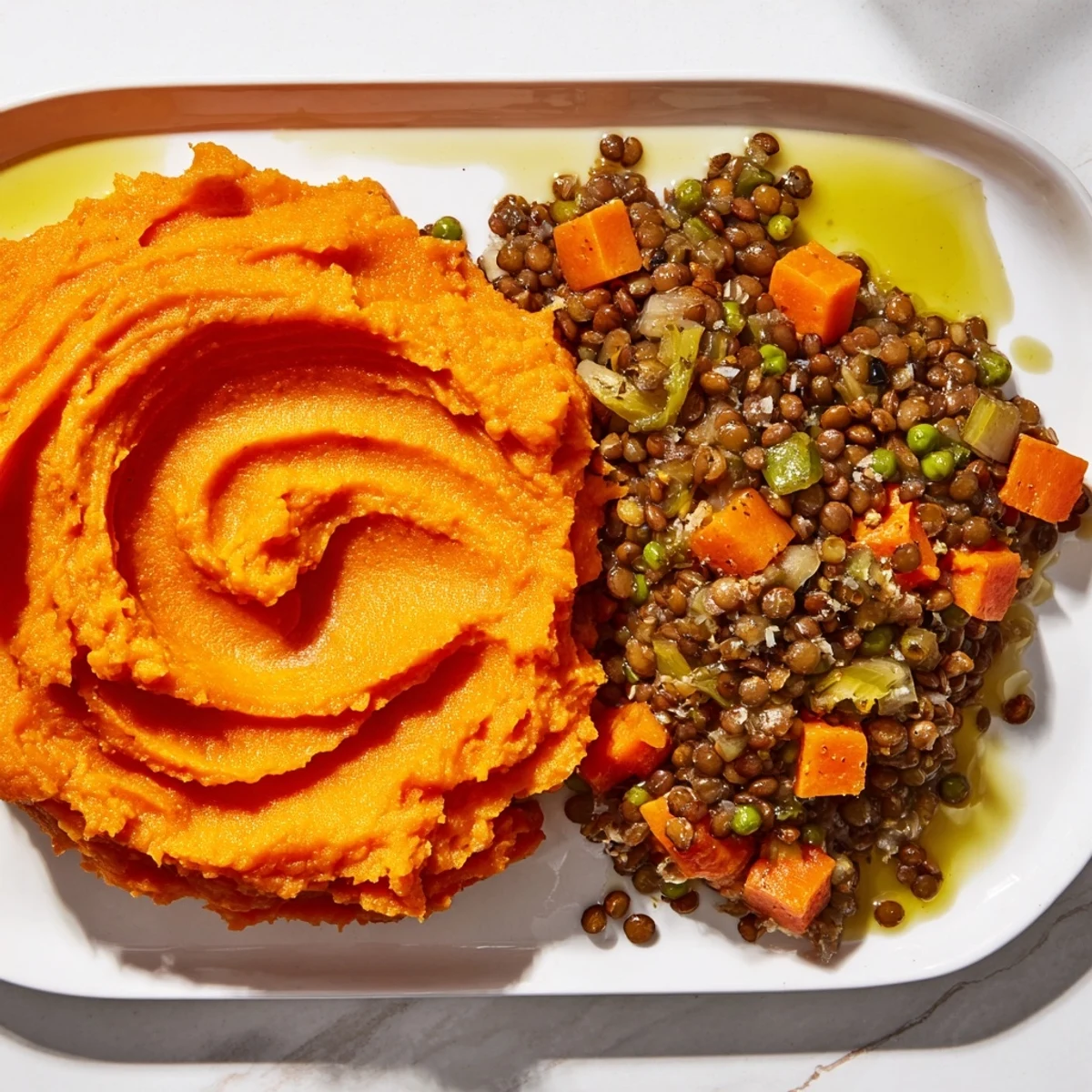 Delicious and visually appealing, the Veggie Shepherd's Pie with Lentils shows off creamy sweet potato and flavorful lentils.