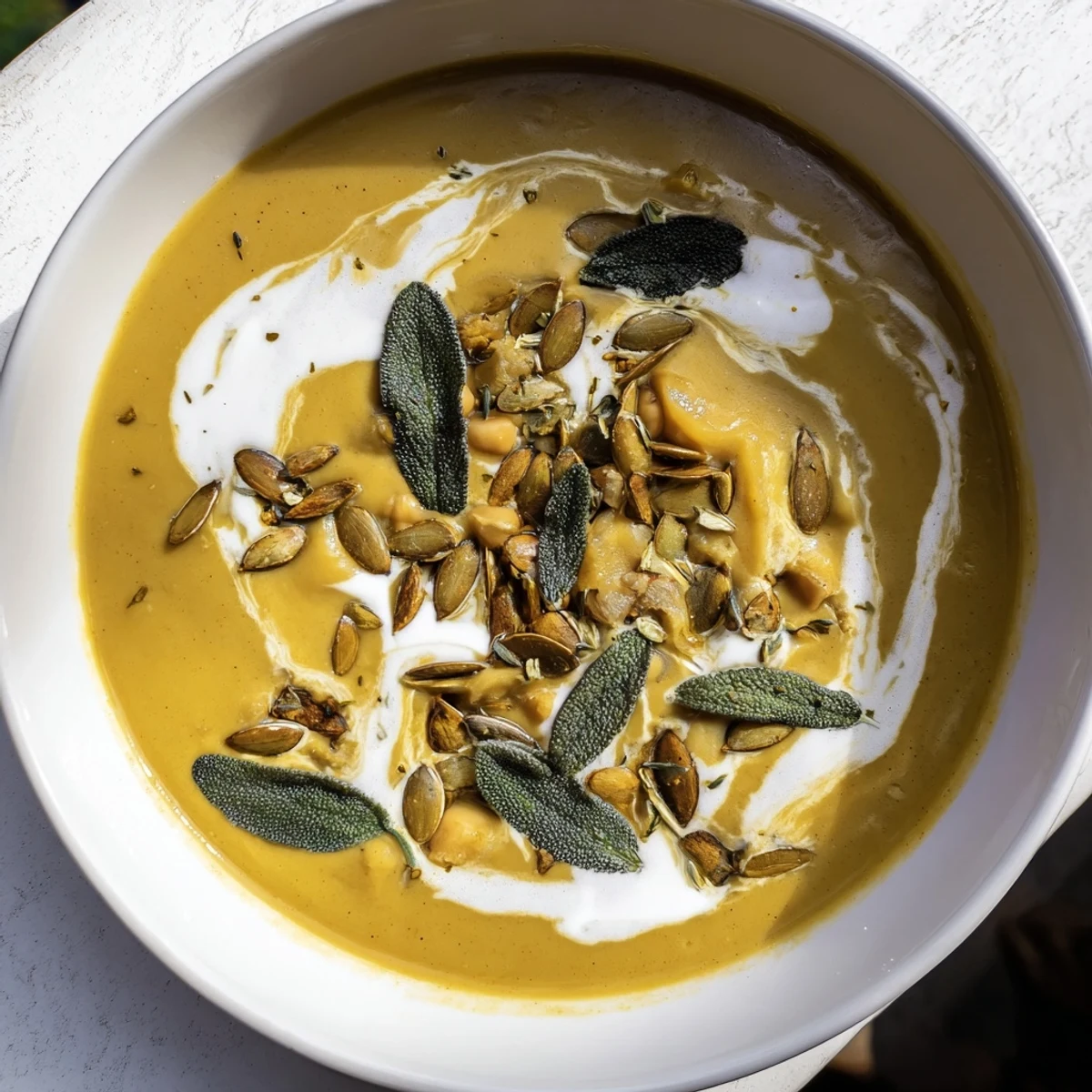 Golden, creamy Chickpea, Pumpkin & Sage Soup garnished with toasted seeds, ready to warm you up.