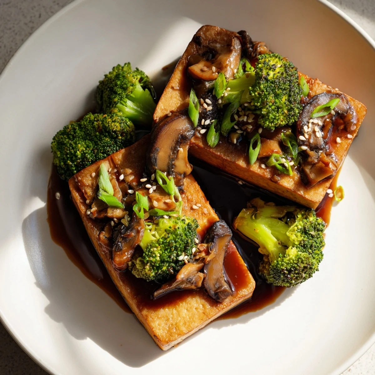 Close-up of a plated Sautéed Tofu Steak with Broccoli, showing tender broccoli florets and shiitake mushrooms.