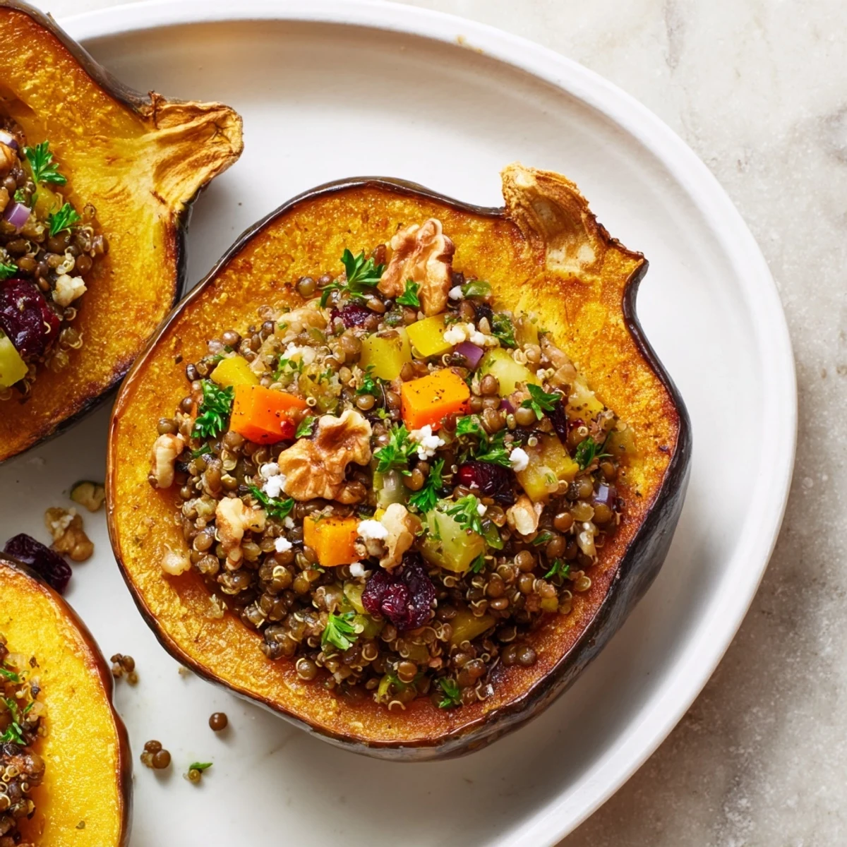 Golden, roasted Lentil & Walnut Stuffed Acorn Squash halves, filled with a savory lentil mixture.