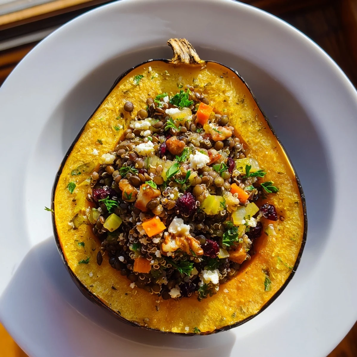 A close-up shot of the delicious Lentil & Walnut Stuffed Acorn Squash, ready to savor.