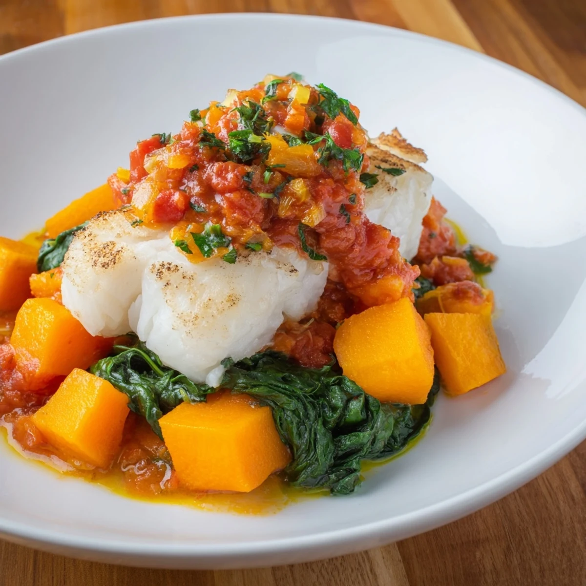 Golden-brown baked Cod with butternut squash and spinach, swimming in a vibrant tomato-herb sauce.