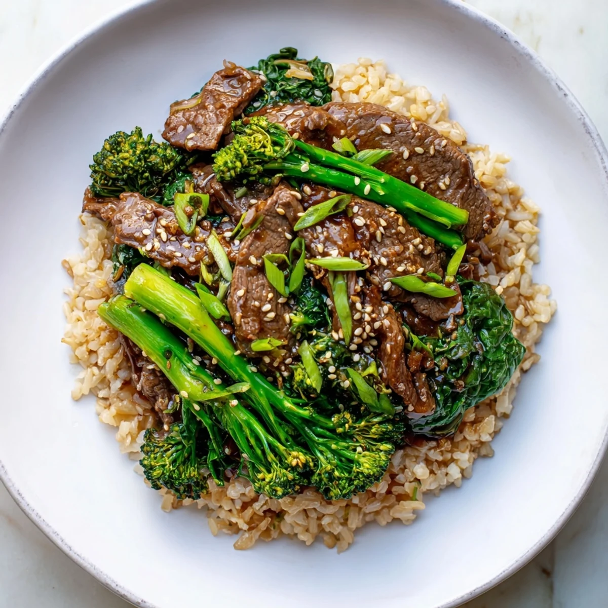 A beautiful photo of savory Slow-Cooker Beef & Broccoli, ready to be served over rice, a complete meal.