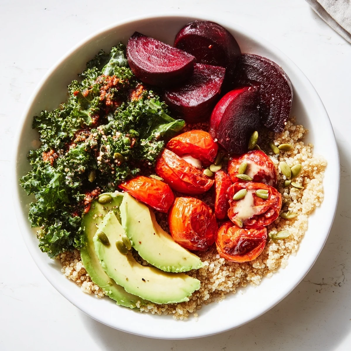 A colorful Quinoa, Kale & Roasted Beet Bowl: tender beets atop fluffy quinoa with creamy tahini dressing.