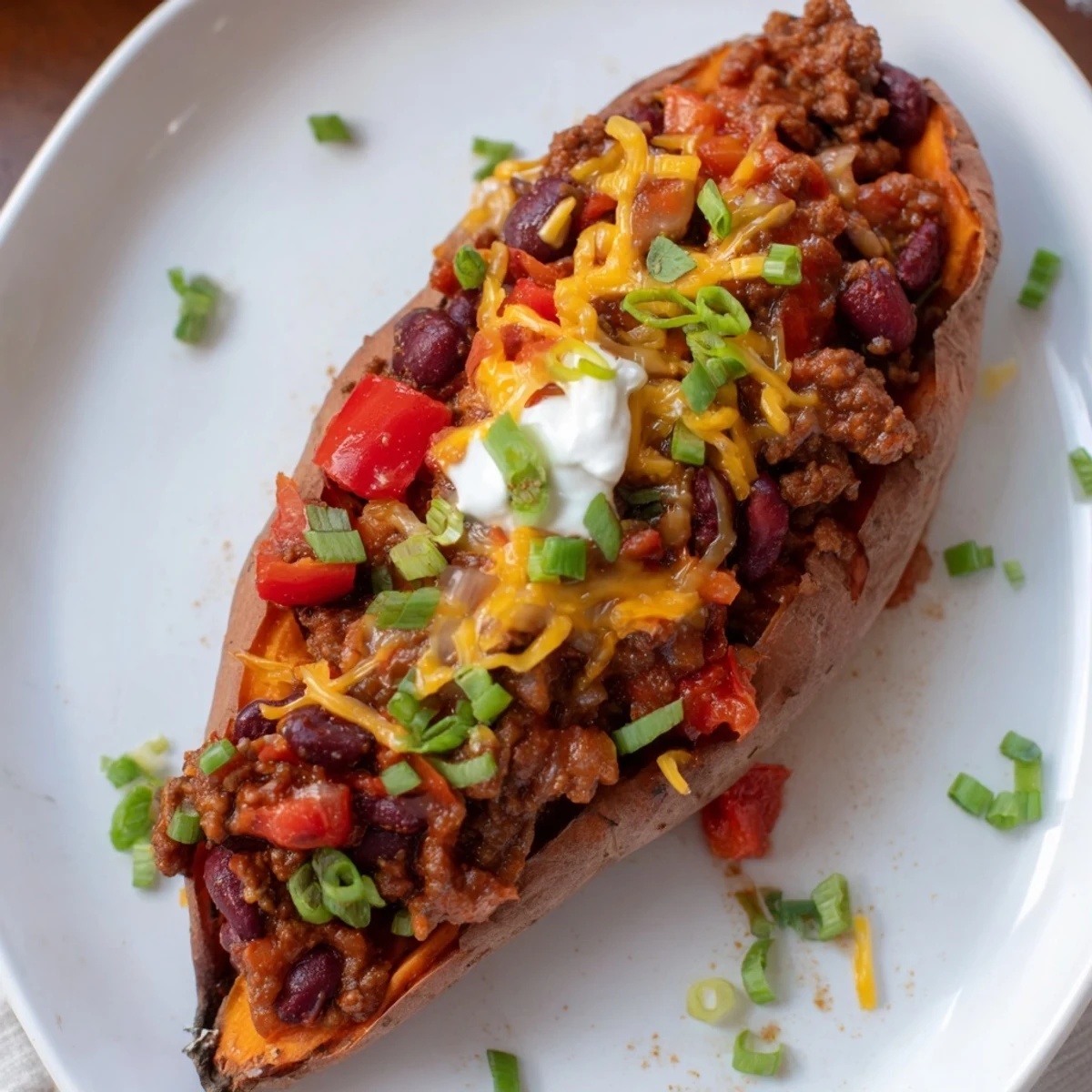 A forkful of steaming baked sweet potato stuffed with chili, with melting cheese and cilantro.